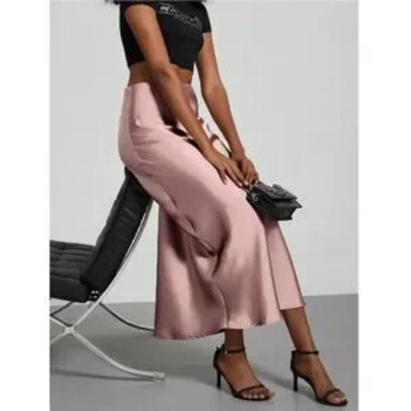 Dusty Pink Satin A-Line Skirt High Waisted Long - Picture 2 of 5